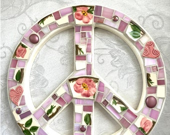 Mosaic PEACE SIGN - Vintage Franciscan Desert Rose China - Stained Glass