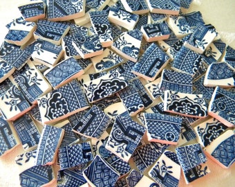 BLUE WILLOW - MINI Tiles - Vintage Mosaic China - Recycled Plates - 50 Tiles