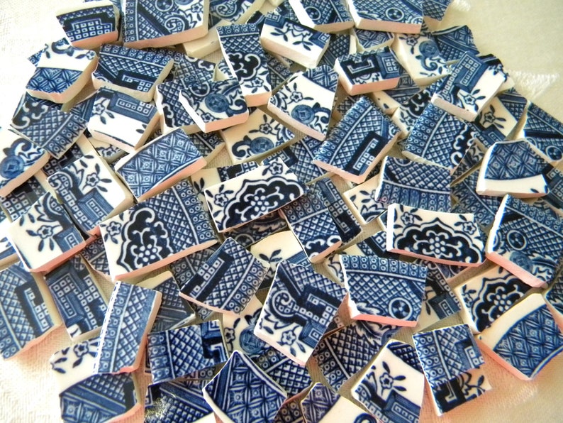 BLUE WILLOW MINI Tiles Vintage Mosaic China Recycled Plates 50 Tiles image 1