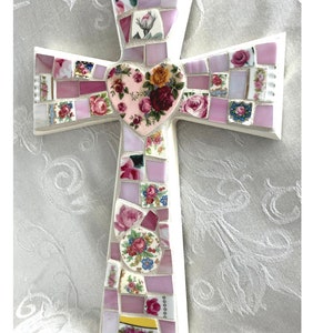 Large FLORAL China MOSAIC CROSS Broken China/Stained Glass Art Piece image 2