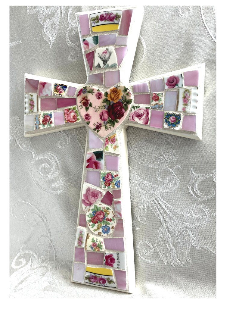 Large FLORAL China MOSAIC CROSS Broken China/Stained Glass Art Piece image 2