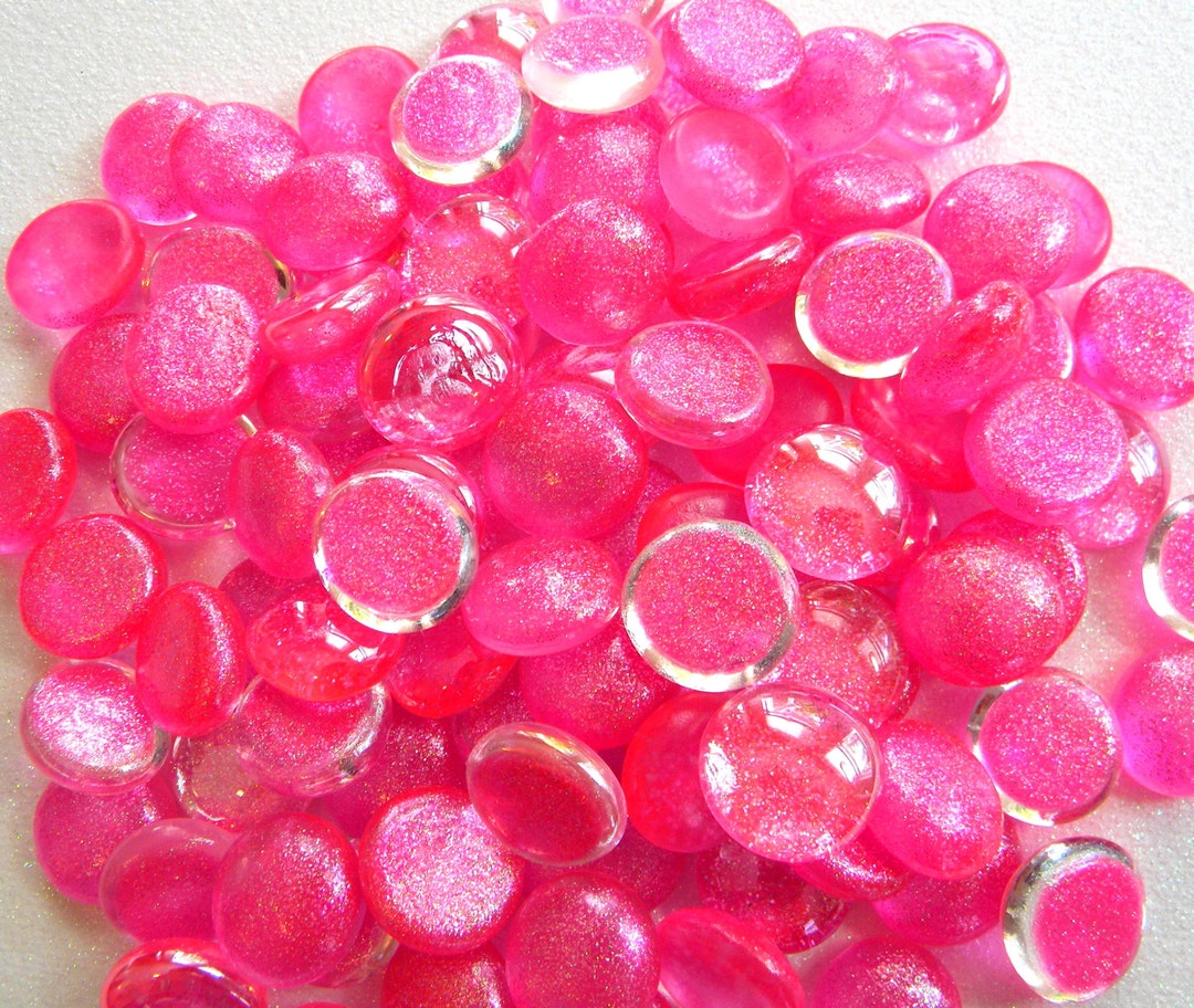 25 Glass Gems Cabochons HOT PINK Glitter Custom Mix Hand Painted