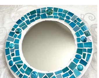 TURQUOISE Round Mosaic Accent Mirror - Stained Glass - Small - 10" Diameter
