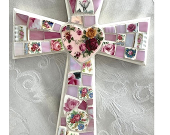 Large FLORAL China MOSAIC CROSS - Broken China/Stained Glass - Art Piece