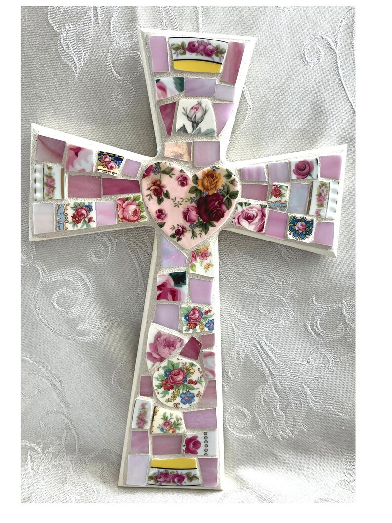 Large FLORAL China MOSAIC CROSS Broken China/Stained Glass Art Piece image 1