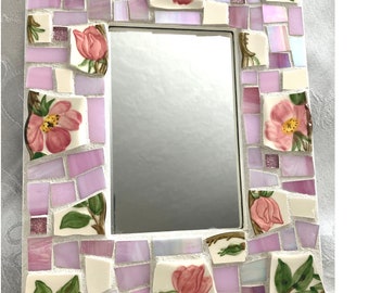 Mosaic Vintage Franciscan DESERT ROSE China Accent Mirror - Recycled Broken China Tiles and Stained Glass - Gift Frame