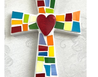 Multi-Color Stained Glass Mosaic Cross - Heart Focal - Art Piece