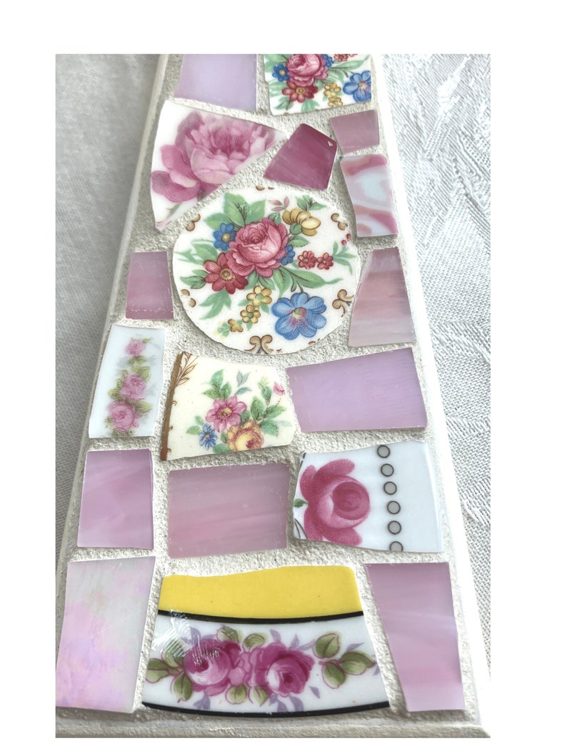 Large FLORAL China MOSAIC CROSS Broken China/Stained Glass Art Piece image 6