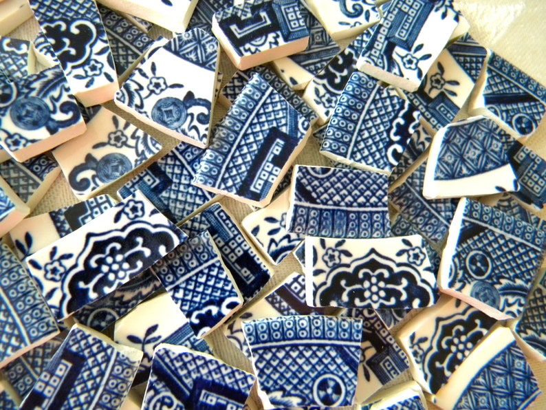 BLUE WILLOW MINI Tiles Vintage Mosaic China Recycled Plates 50 Tiles image 3