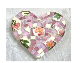 Mosaic HEART - Vintage Franciscan Desert Rose China - Stained Glass