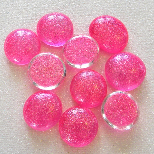 10 Glass Glitter Gems - HOT PINK Color - Medium Size - Hand Painted - Half Marbles/Cabochons