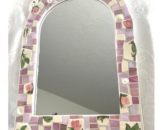 Vintage Franciscan Desert Rose Mosaic Mirror - Stained Glass and Broken China Tiles