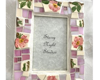 Mosaic Vintage Franciscan DESERT ROSE China Frame - Recycled Broken China Tiles and Stained Glass - Gift Frame