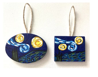 2 Starry Night Wooden Ornaments - Hand Painted