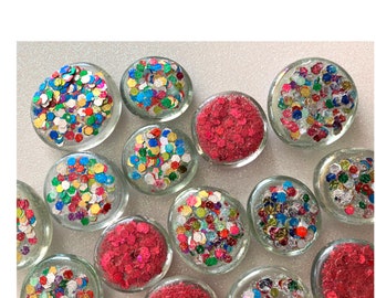 SALE - 19 Large Glass Gems - Multi-Color CONFETTI Glitter - Half Marbles - Mosaic Supply