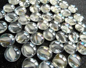 25 Glass Gems - White Cats Eye - Mosaic/Wedding/Floral Displays - Half Marbles/Cabochons/Glass Nuggets