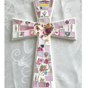 Large FLORAL China MOSAIC CROSS Broken China/Stained Glass Art Piece image 9