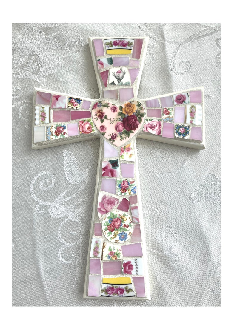 Large FLORAL China MOSAIC CROSS Broken China/Stained Glass Art Piece image 9