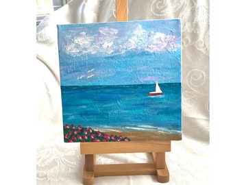 Acrylic Painting - BEACH/SAILBOAT - 8 x 8