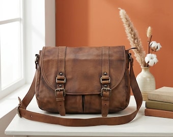 Vintage Genuine Leather Messenger Bag Men Crossbody Shoulder Bag Casual Sling Bag Brown Everyday Travel Bag
