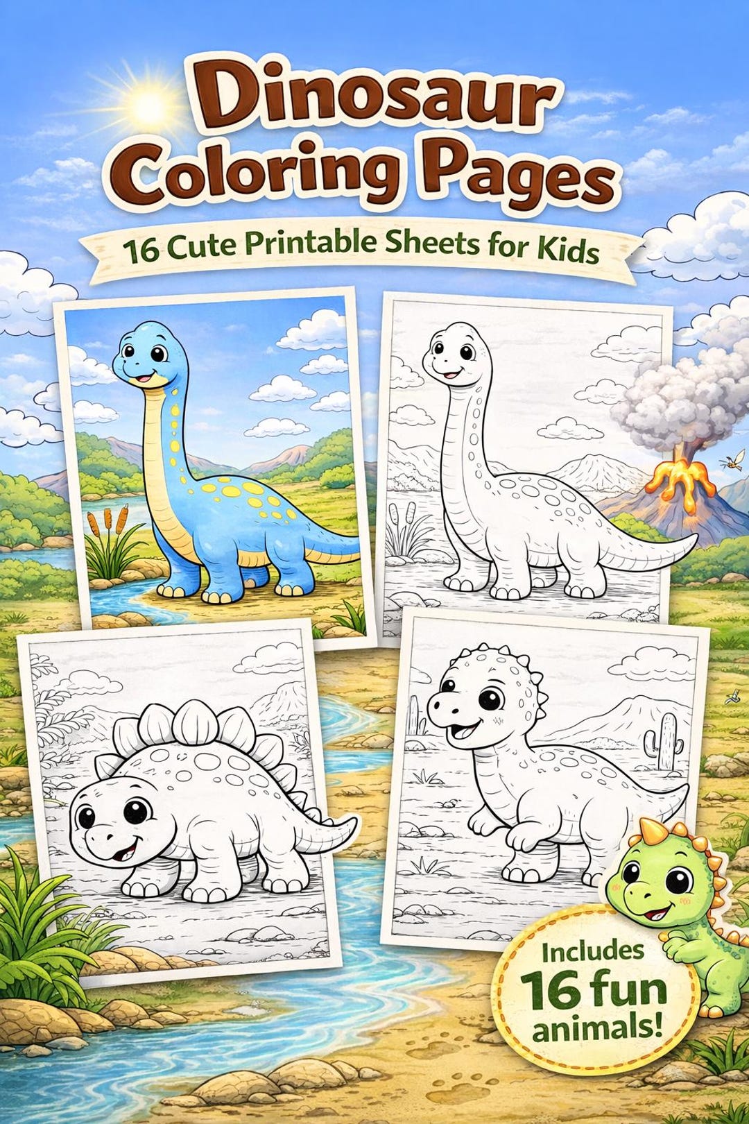 Dinosaur Coloring Pages for Kids – 16 Cute Printable Dino Coloring ...