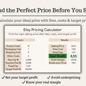 May include: An Etsy pricing calculator graphic with the text "Find the Perfect Price Before You Sell." The calculator displays inputs like product cost and shipping, and results including selling price and net profit. The image also includes checkmarks with the text "Set your target profit," "Avoid underpricing," and "Know your real margin."