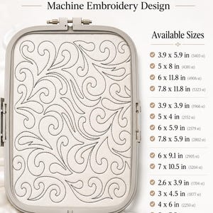 Peut inclure: Un motif de broderie machine pour quilting bord à bord avec un tourbillon noir continu sur tissu blanc dans un cadre gris. Le texte indique les tailles disponibles en pouces : 3.9 x 5.9, 5 x 8, 6 x 11.8, 7.8 x 11.8, 3.9 x 3.9, 5 x 4, 6 x 5.9, 7.8 x 5.9, 6 x 9.1, 7 x 10.5, 2.6 x 3.9, 3 x 4.5, 4 x 6 et 5 x 7.5 pouces.