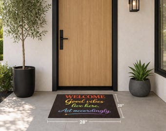 Alfombra con el mensaje "Bienvenido, buenas vibras, vive aquí, actúa en consecuencia" / Felpudo multicolor inspirador