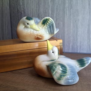May include: Two ceramic duck figurines featuring a glossy finish with cream-colored bodies, yellow beaks, and wings accented in shades of blue and green. One duck is positioned with its head tucked, while the other has its head tilted upward.