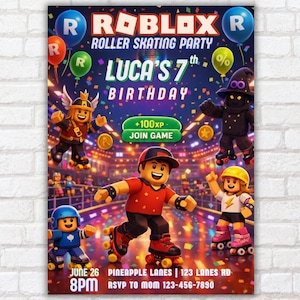May include: A colorful Roblox-themed birthday party invitation. The design features roller skating characters, balloons, and the text "ROBLOX ROLLER SKATING PARTY" and "LUCA'S 7th BIRTHDAY". Includes the date, time, and location.