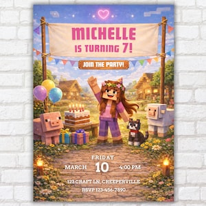 May include: A colorful birthday party invitation featuring a pixelated character with a floral crown. The invitation includes the text "MICHELLE IS TURNING 7!" and "JOIN THE PARTY!" with the date, time, and location details. Balloons, a cake, and other pixelated characters are also visible.