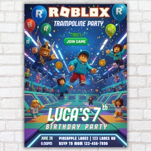 Puede incluir: Una vibrante invitación de cumpleaños con personajes de Roblox en una cama elástica. El diseño incluye el texto "Roblox Trampoline Party" y "7º Cumpleaños de Luca". La invitación está decorada con globos y confeti.