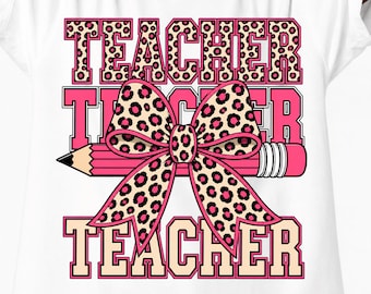 Professeur léopard rose (PNG), motif nœud papillon pour professeur, crayon imprimé léopard (PNG), sublimation pour professeur, rentrée scolaire (PNG)