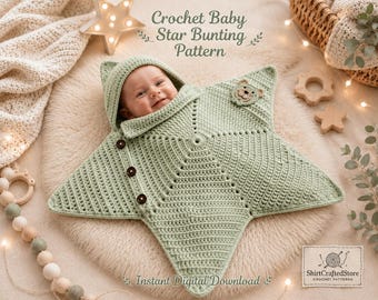 Modèle PDF au crochet d'une gigoteuse étoile pour bébé, modèle de sac de couchage à capuche pour bébé, cocon étoile pour nouveau-né, accessoire photo, guide illustré étape par étape.