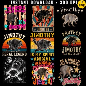 Puede incluir: Una colección digital de nueve diseños gráficos de mapaches con el nombre Jimothy, que incluye varios fondos de atardecer retro, motivos de estrellas y elementos de texto como Feral Legend e Is My Spirit Animal, en descarga de 300 DPI.