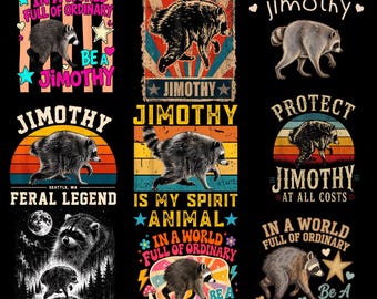 Pack d'images PNG de Jimothy Raccoon, 9 motifs de t-shirts amusants avec des ratons laveurs, PNG d'animaux rétro vintage, fichiers de sublimation pour mèmes, téléchargement numérique