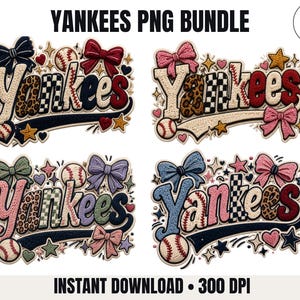 Yankees PNG Bundle, Kokette Chenille Patch Baseball Script Bow PNG, 4 PNG-Dateien, digitaler Download
