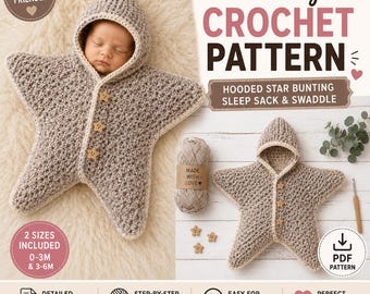 Modèle PDF au crochet d'une gigoteuse étoile pour bébé, modèle de sac de couchage à capuche pour bébé, cocon étoile pour nouveau-né, accessoire photo, guide illustré étape par étape.