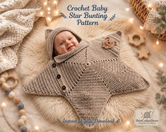 Modèle de gigoteuse bébé étoile au crochet (PDF) – Cocon à capuche et couverture étoile pour nouveau-né, 0-6 mois – Téléchargement numérique facile pour débutants