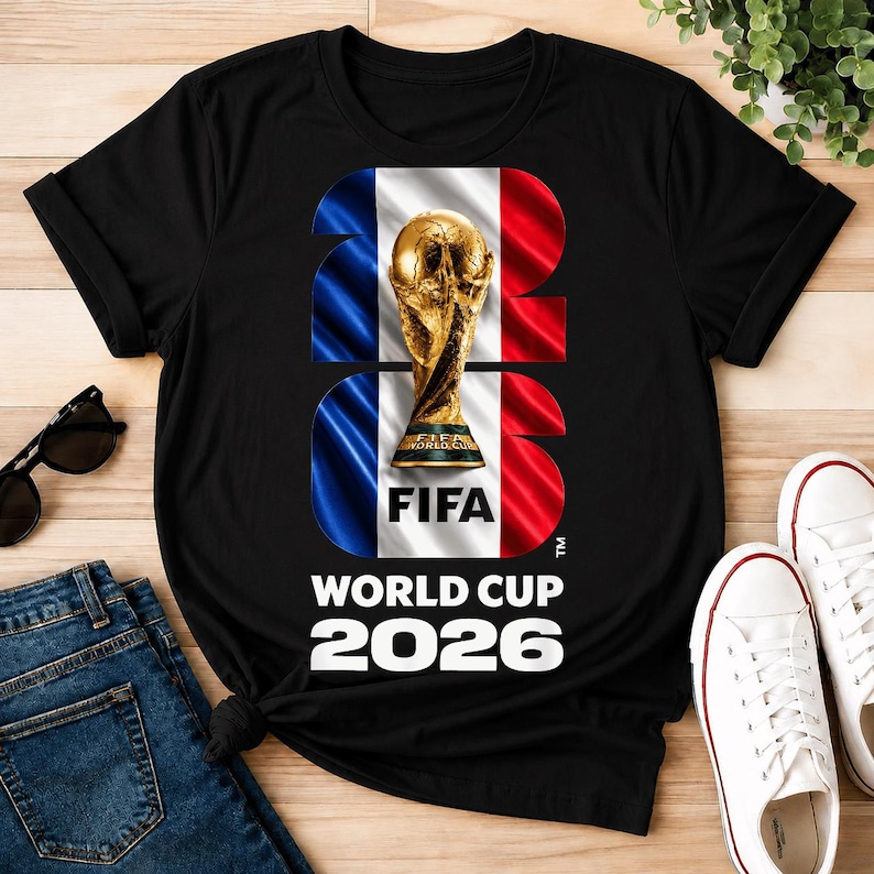 May include: A black t-shirt featuring a large graphic of the FIFA World Cup 2026 trophy centered over a vertical blue, white, and red flag design. The number 26 is stylized with the flag pattern, and the text reads FIFA WORLD CUP 2026.