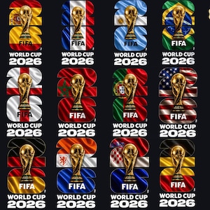 以下が含まれることがあります： FIFAワールドカップ2026のロゴが描かれた12枚のPNG画像。各デザインは、様々な国旗を背景に、金色のトロフィーと数字の26を組み合わせています。「FIFA」の文字も含まれています。