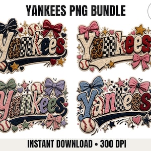 Yankees PNG-paket, Coquette Chenille-lapp med basebollmanus och rosett PNG, 4 PNG-filer, digital nedladdning