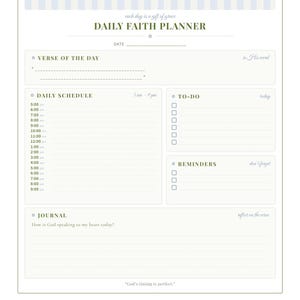 Könnte beinhalten: Eine tägliche Glaubensplaner-Seite mit hellblau gestreifter Kopfzeile, einem kleinen Kreuz-Symbol und dem Text "DAILY FAITH PLANNER". Sie enthält Abschnitte für "VERSE OF THE DAY", einen "DAILY SCHEDULE" von 5 bis 21 Uhr, "TO-DO", "REMINDERS" und "JOURNAL".