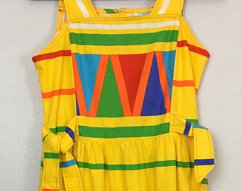 Vintage 1960s Dress Summer DREAMAWAY Cotton Apron Maxi Color Block Stripes Yellow Green Blue Red Sundress size S Decadencefashion Womenswear