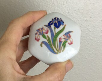 Vintage 1980s Iris Lily Jewelry Hexagon Porcelain Ceramic Storage Box Art Deco Revival Home Bedroom Decor Decadencefashion Gifts