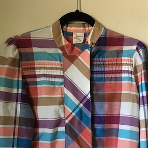 Vintage 70s/80s Blouse Casual Third Generation Rainbow Plaid Mod Puff Sleeve Sz S Decadencefashion Womenswear