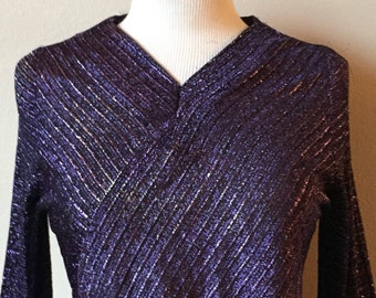 Vintage 1980s Blouse Pullover Disco Glam Rock KEVIN STUART Purple Silver Metallic V Neck Bell Sleeve size S/M Decadencefashion