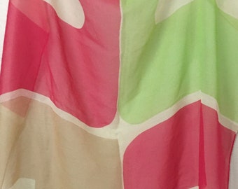 Vintage 1960s Silk Crepe Mod Scarf Bright Pastel Color Block Red, Green, Beige Square Accessory