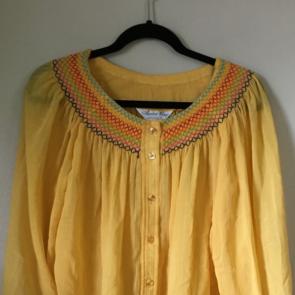 Vintage 1970s Blouse Alex Coleman Seperates Sheer Gauze Embroidered Boho Hippie Puff Sleeve Sz Small Decadencefashion Womenswear