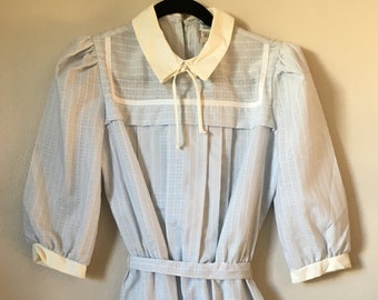 Vintage 1960s/1970s Dress OOPS! California Casual Day Spring Blue White Peter Pan Collar Puff Long Sleeve size S Decadencefashion Womenswear